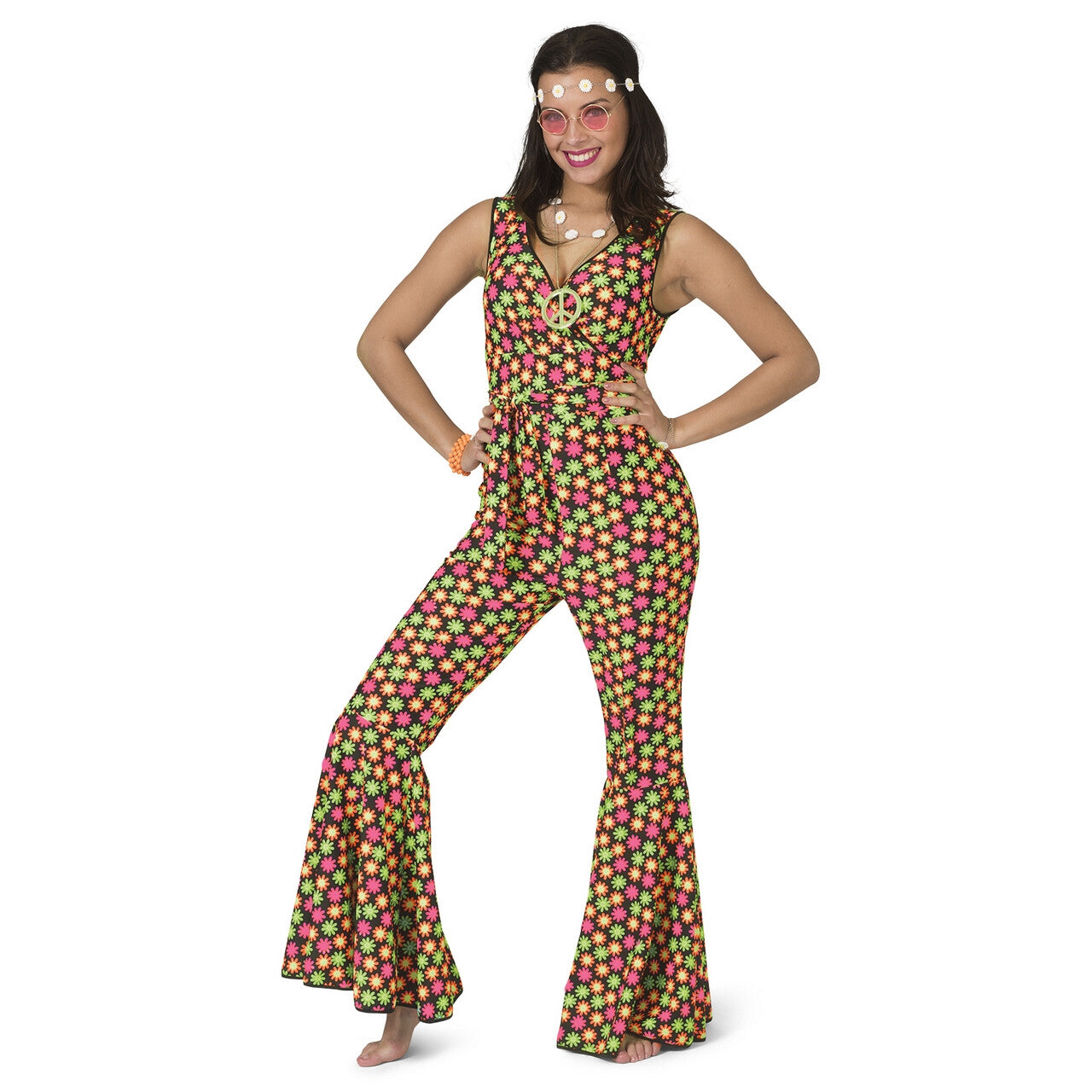 Op deze afbeelding zie je een Kostuums, van het merk Funny Fashion. Fluor Flower Power Goes Disco Vrouw Kostuum