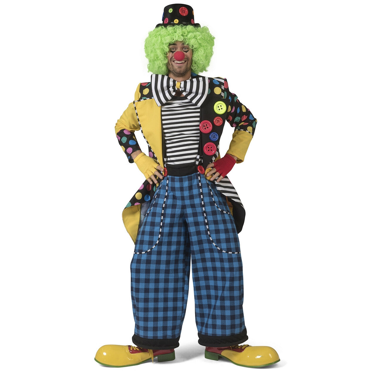 Op deze afbeelding zie je een Kostuums, van het merk Funny Fashion. Enorme Knopen Jas Clown August Man Kostuum