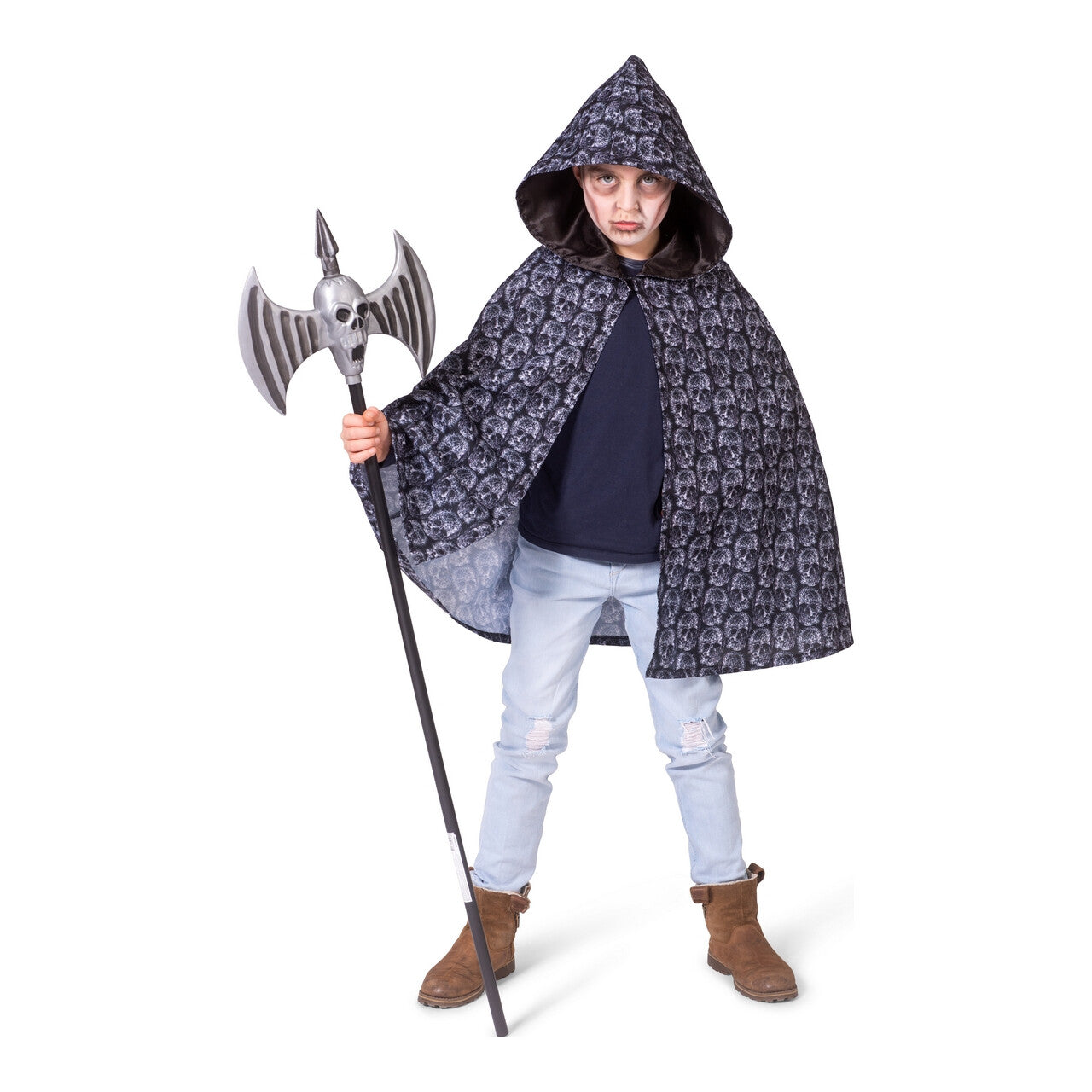 Op deze afbeelding zie je een Kostuums, van het merk Funny Fashion. Grijze Doodskoppen Halloween Cape Kind