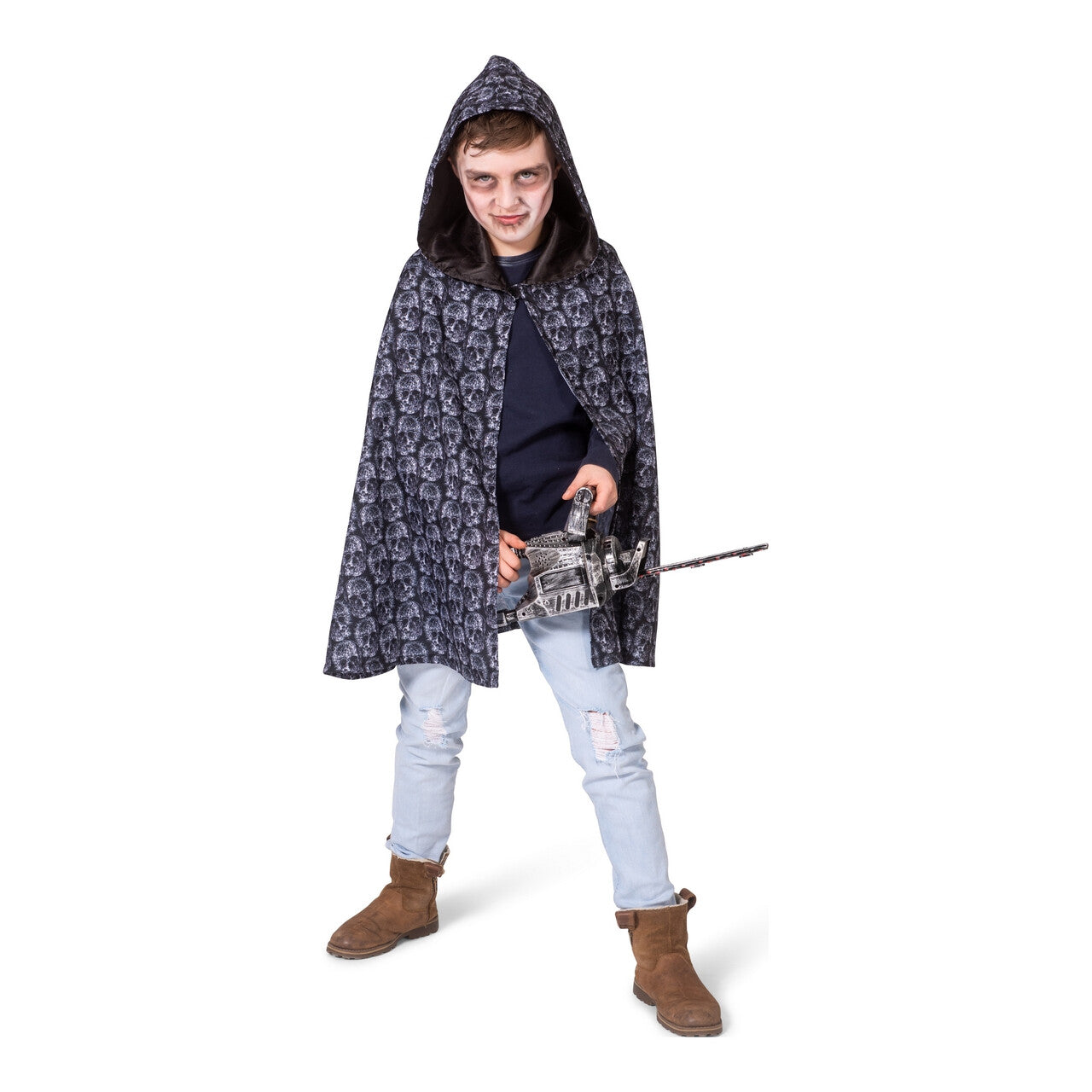 Op deze afbeelding zie je een Kostuums, van het merk Funny Fashion. Grijze Doodskoppen Halloween Cape Kind