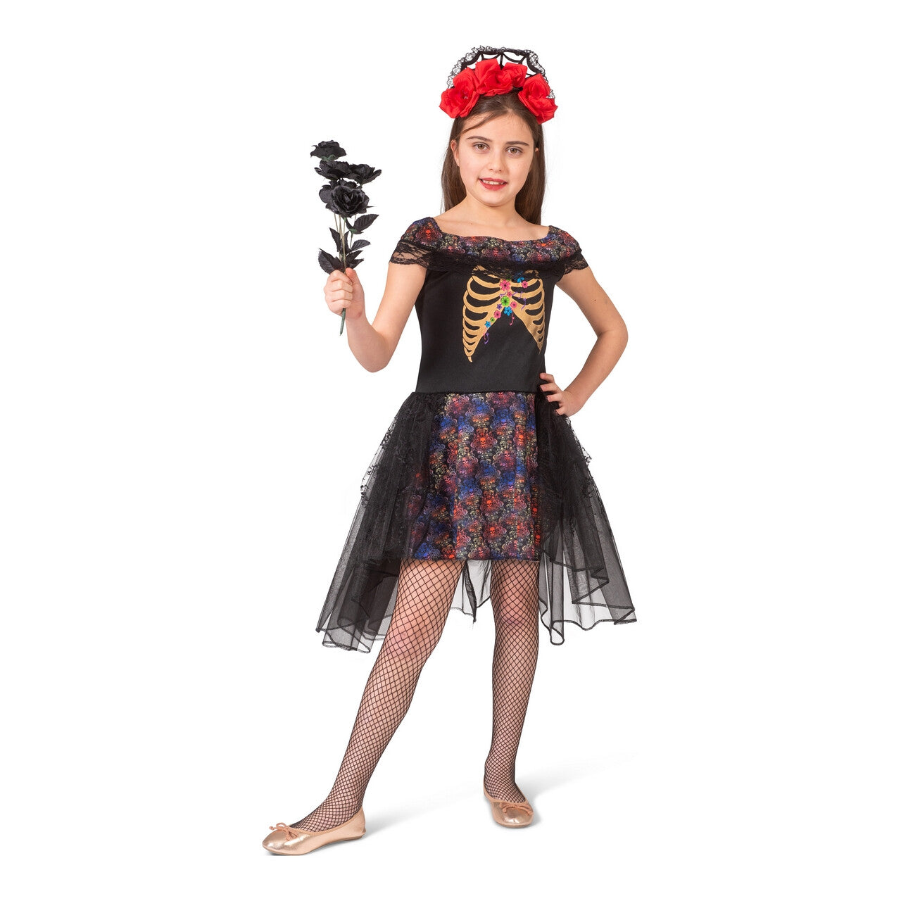 Op deze afbeelding zie je een Kostuums, van het merk Funny Fashion. Day Of The Dead Duistere Zwarte Bruid Meisje Kostuum