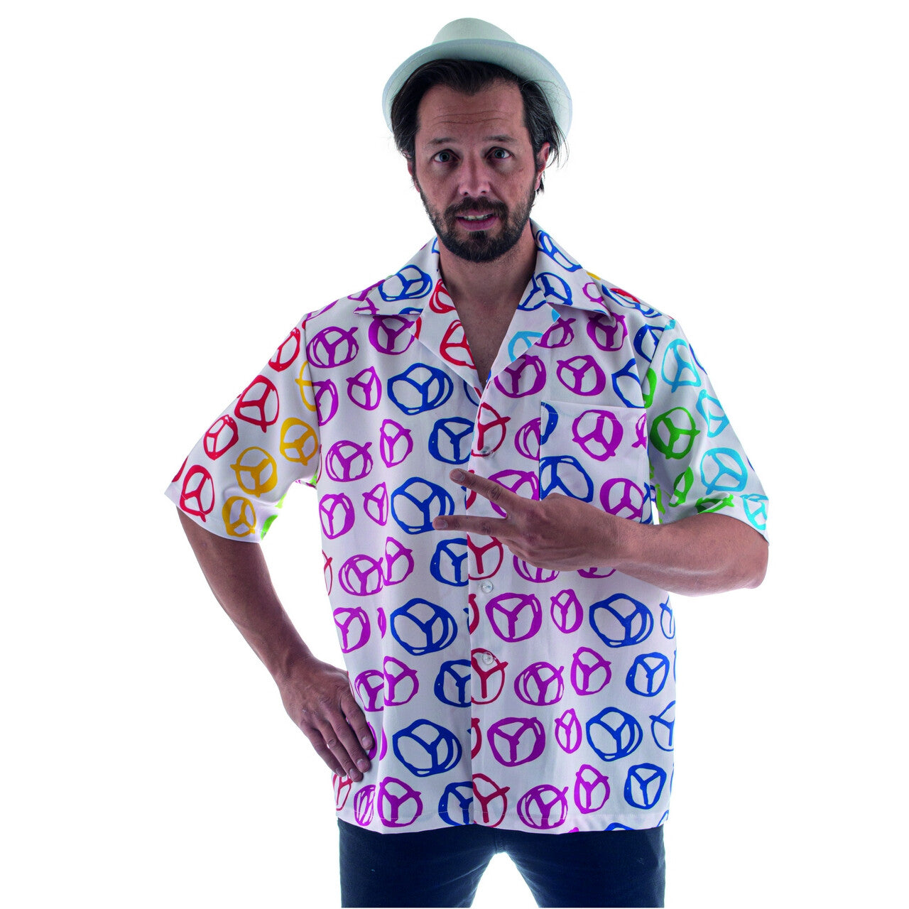 Op deze afbeelding zie je een Kostuums, van het merk Funny Fashion. Kleurrijk Hippie Peace Shirt Man