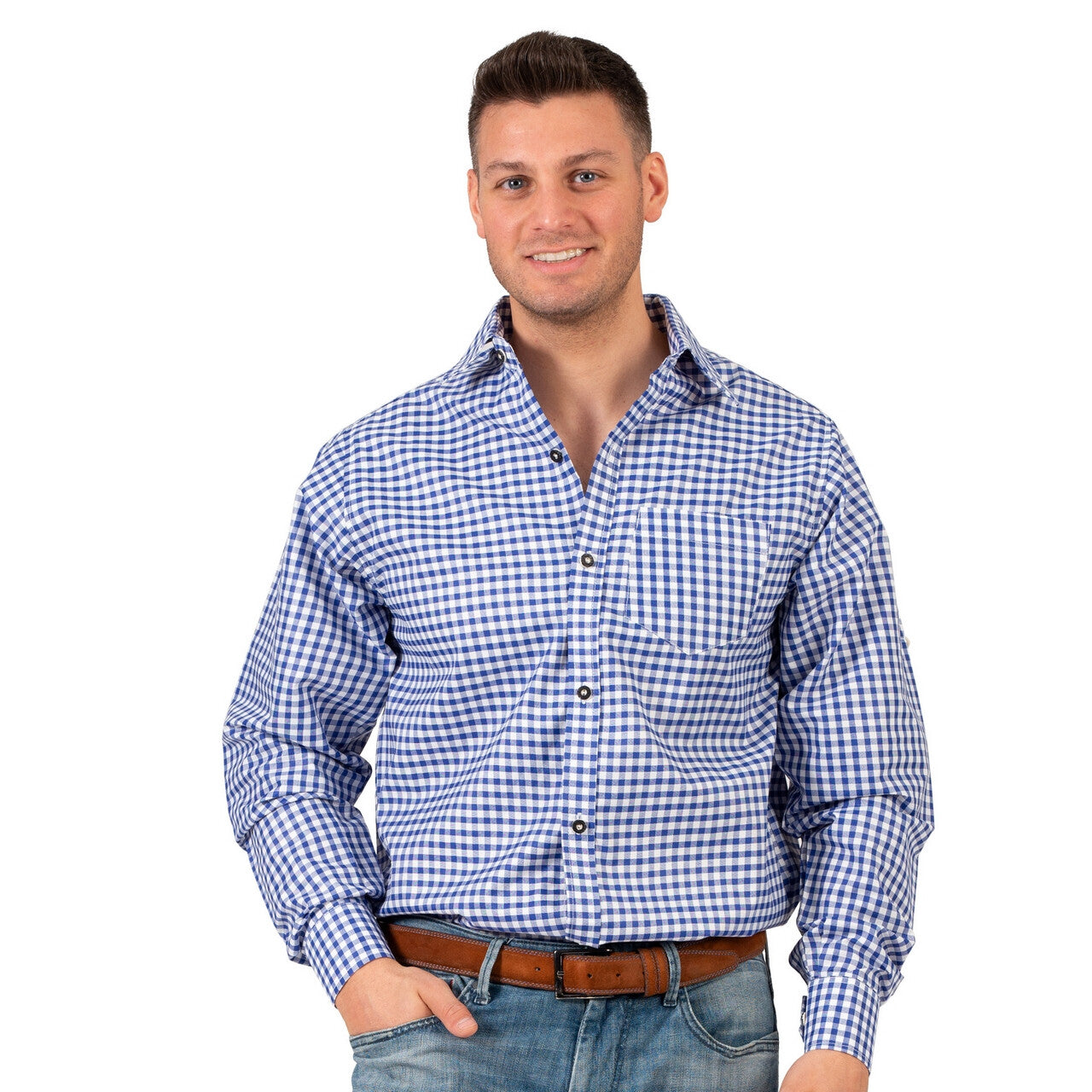 Op deze afbeelding zie je een Kostuums, van het merk Funny Fashion. Geblokte Blouse Tirol Blauw / Wit Man