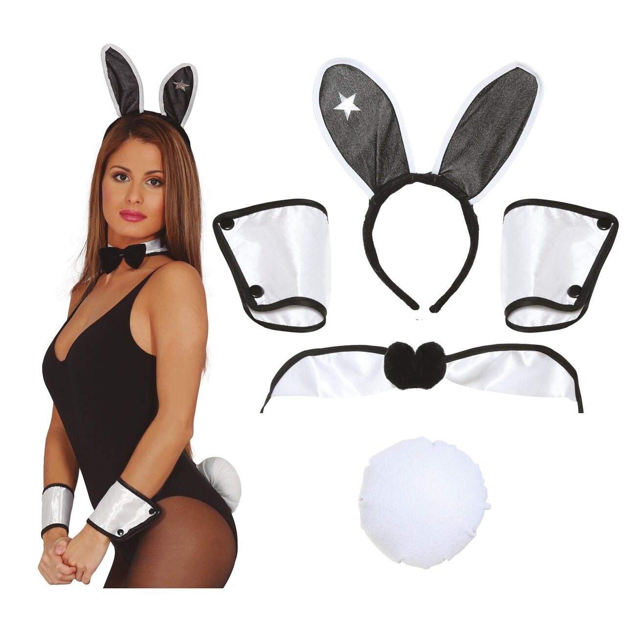 Op deze afbeelding zie je een Accessoires, van het merk Guirca. Bunnygirl Set Hoofdband Strik Mouwen En Staart