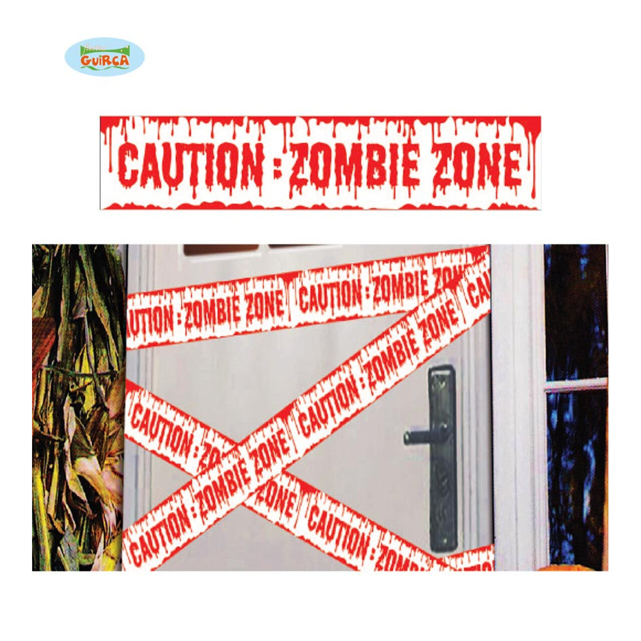 Op deze afbeelding zie je een Decoratie, van het merk Guirca. Afzetlint Caution Zombie Zone 600 X 12 Centimeter