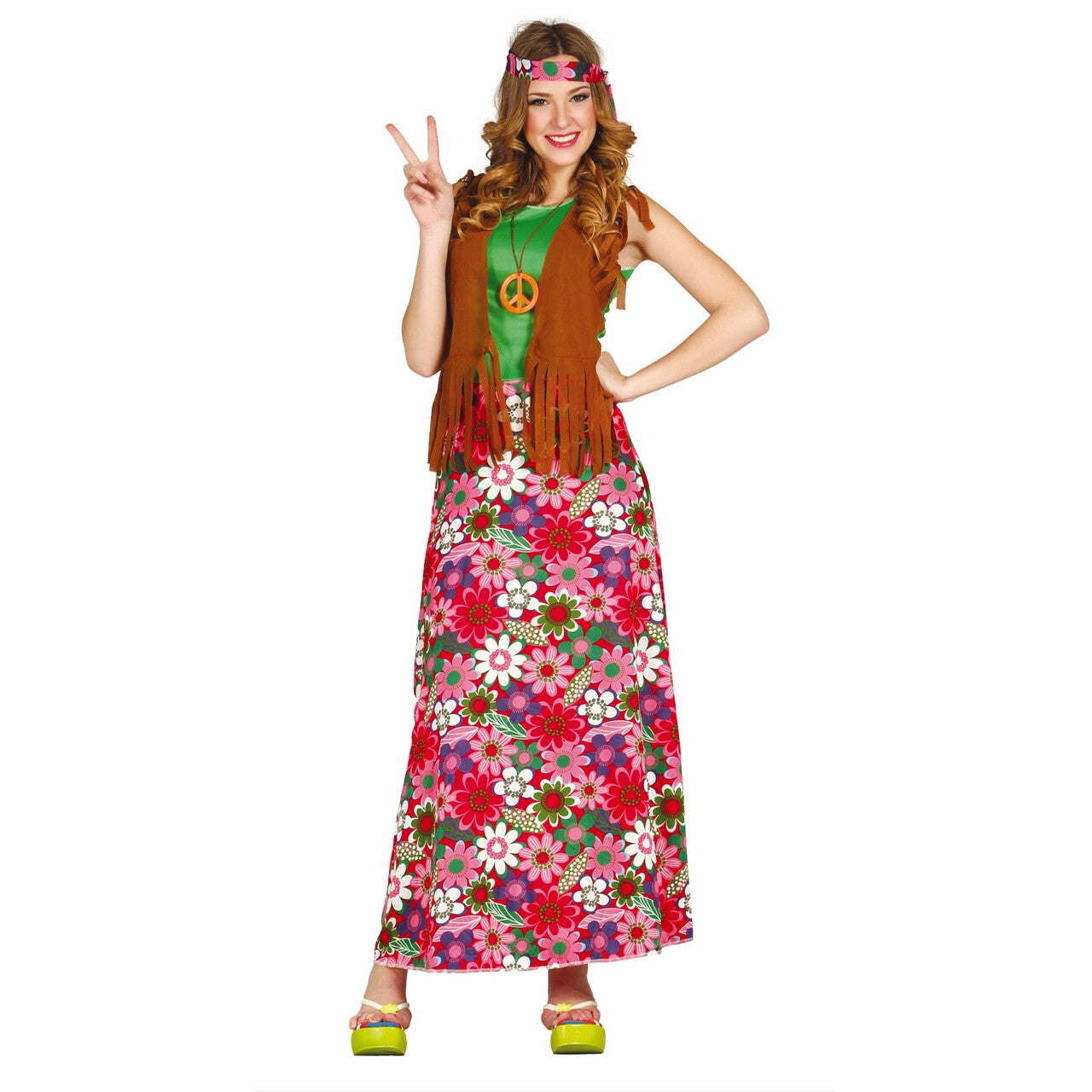 Op deze afbeelding zie je een Kostuums, van het merk Guirca. Bloemrijk Happy Hippie Vrouw Kostuum