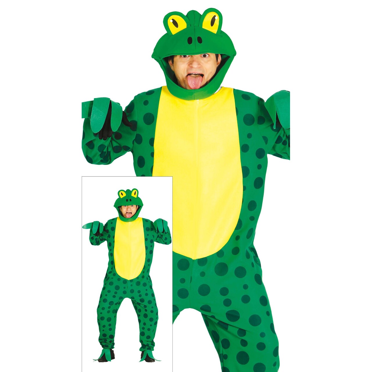Op deze afbeelding zie je een Kostuums, van het merk Guirca. Groen Gele Kikker Max Man Kostuum