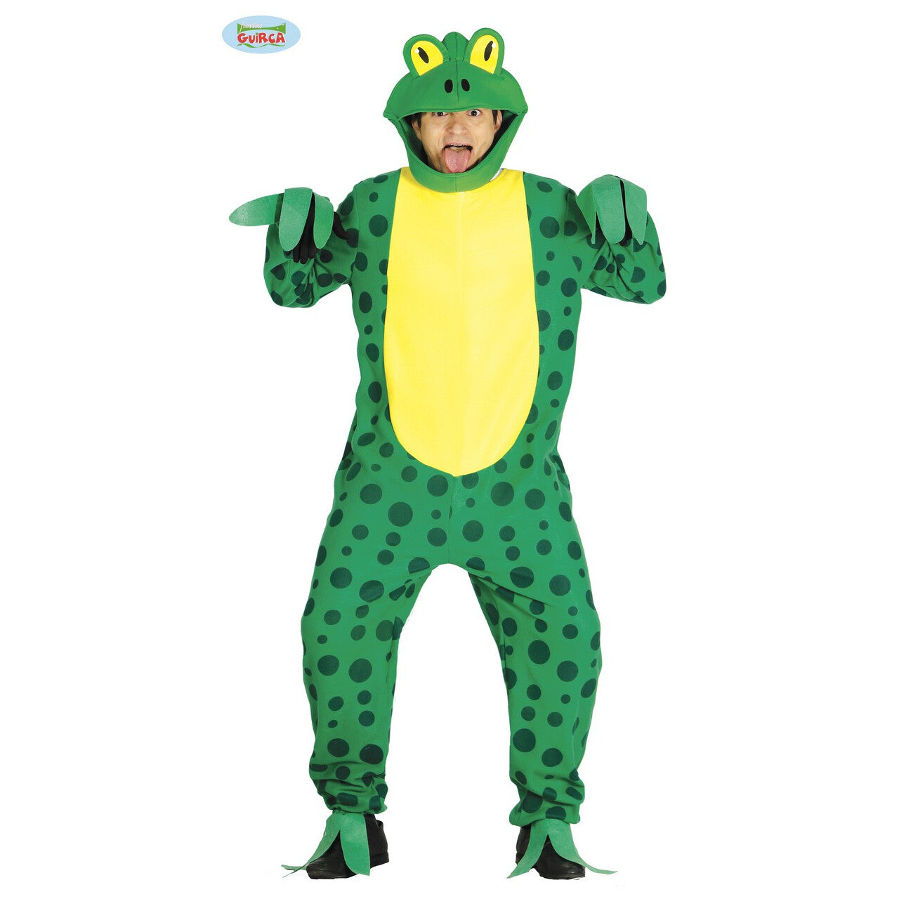 Op deze afbeelding zie je een Kostuums, van het merk Guirca. Groen Gele Kikker Max Man Kostuum