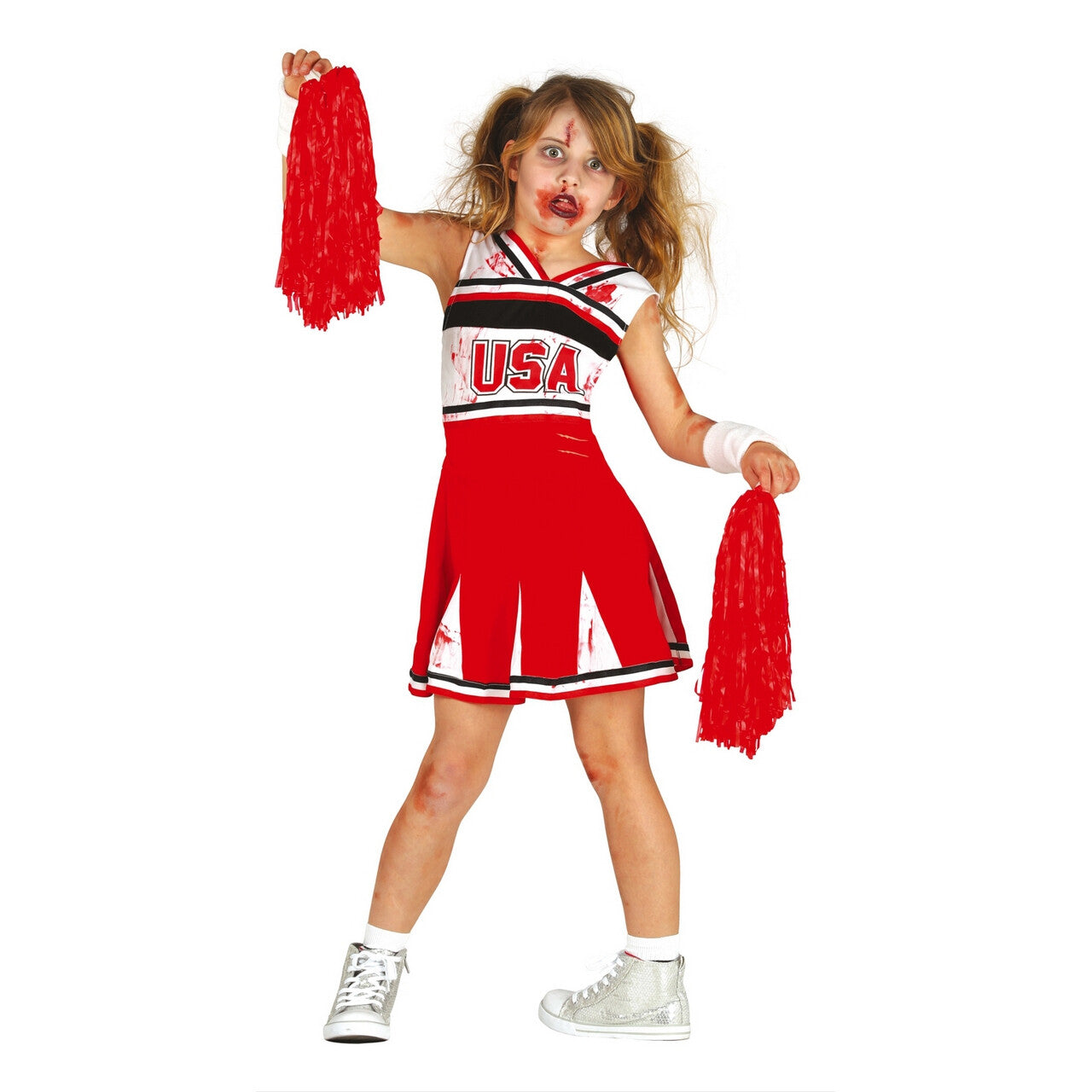 Op deze afbeelding zie je een Kostuums, van het merk Guirca. Zombie Cheerleader USA Meisje Kostuum