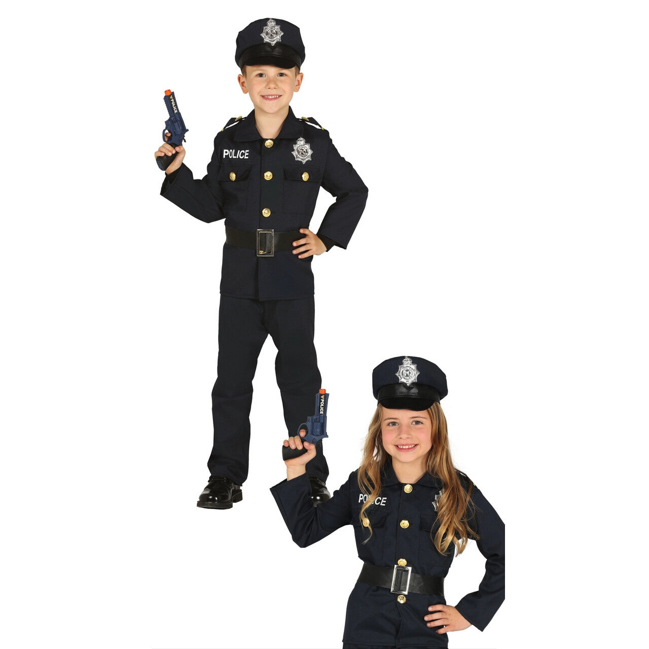 Op deze afbeelding zie je een Kostuums, van het merk Guirca. Pientere Politie Agent Zwart Kind Kostuum
