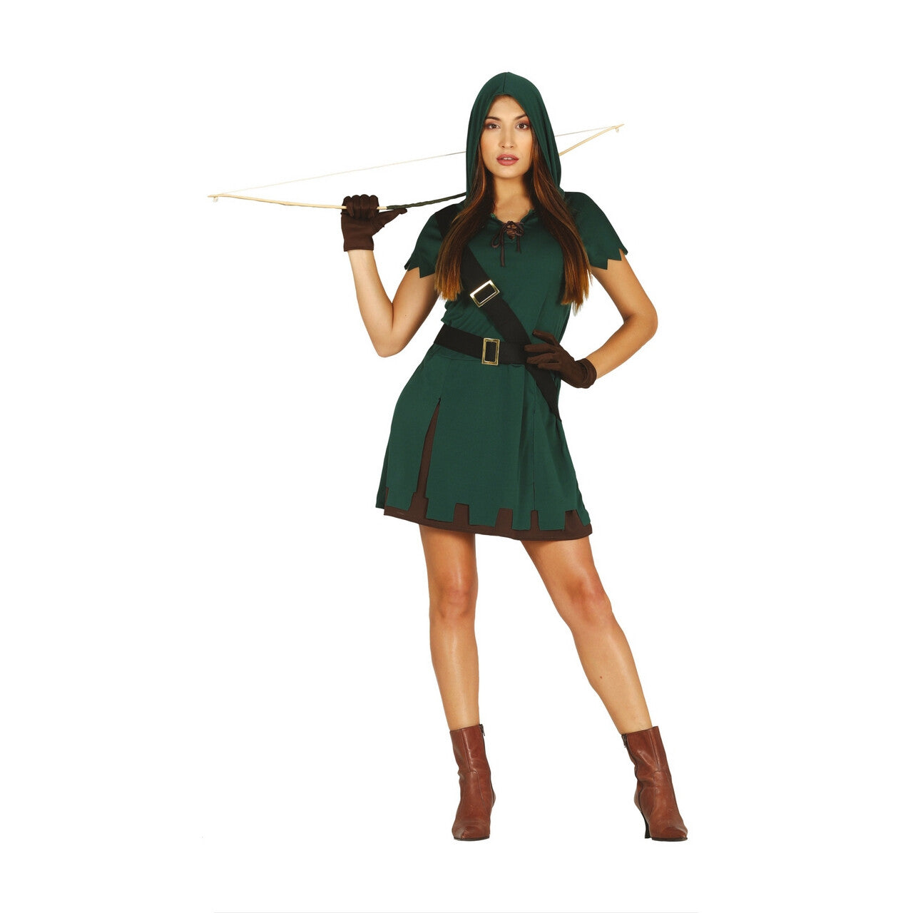 Op deze afbeelding zie je een Kostuums, van het merk Guirca. Groene Middeleeuwse Jager Vrouw Kostuum