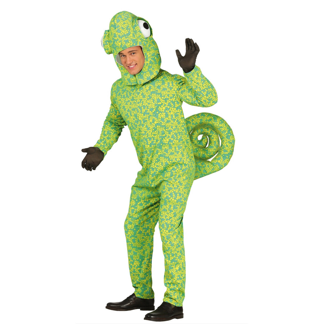 Op deze afbeelding zie je een Kostuums, van het merk Guirca. Groene Kameleon Man Kostuum