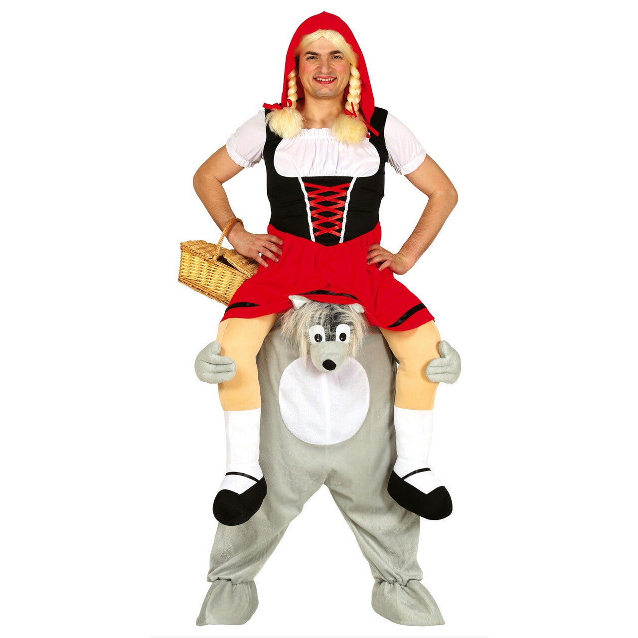 Op deze afbeelding zie je een Kostuums, van het merk Guirca. Roodkapje Zit Op De Schouders Van De Wolf Man Kostuum