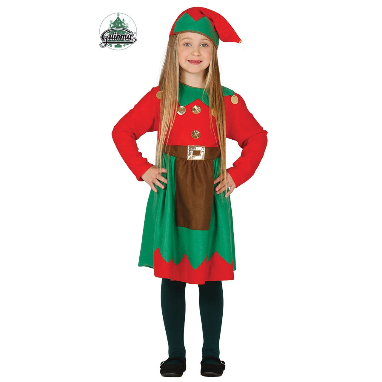 Op deze afbeelding zie je een Kostuums, van het merk Guirma. Rood Groene Elf Meisje Kostuum