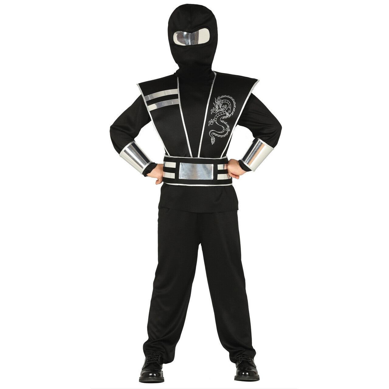 Op deze afbeelding zie je een Kostuums, van het merk Guirca. Zilveren Draak Ninja Kind Kostuum