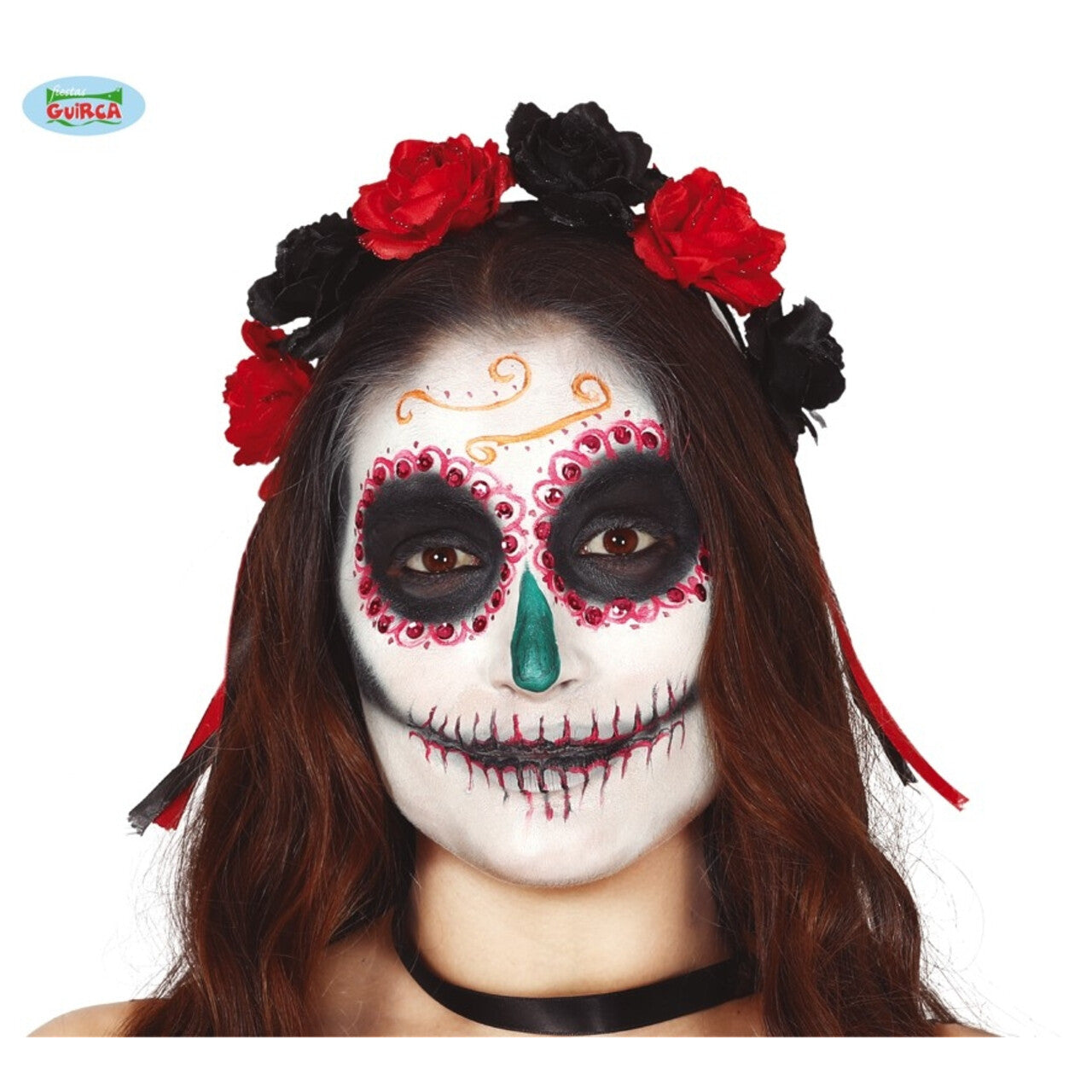 Op deze afbeelding zie je een Accessoires, van het merk Guirca. Dia De Los Muertos Hoofdband Met Zwarte En Rode Rozen