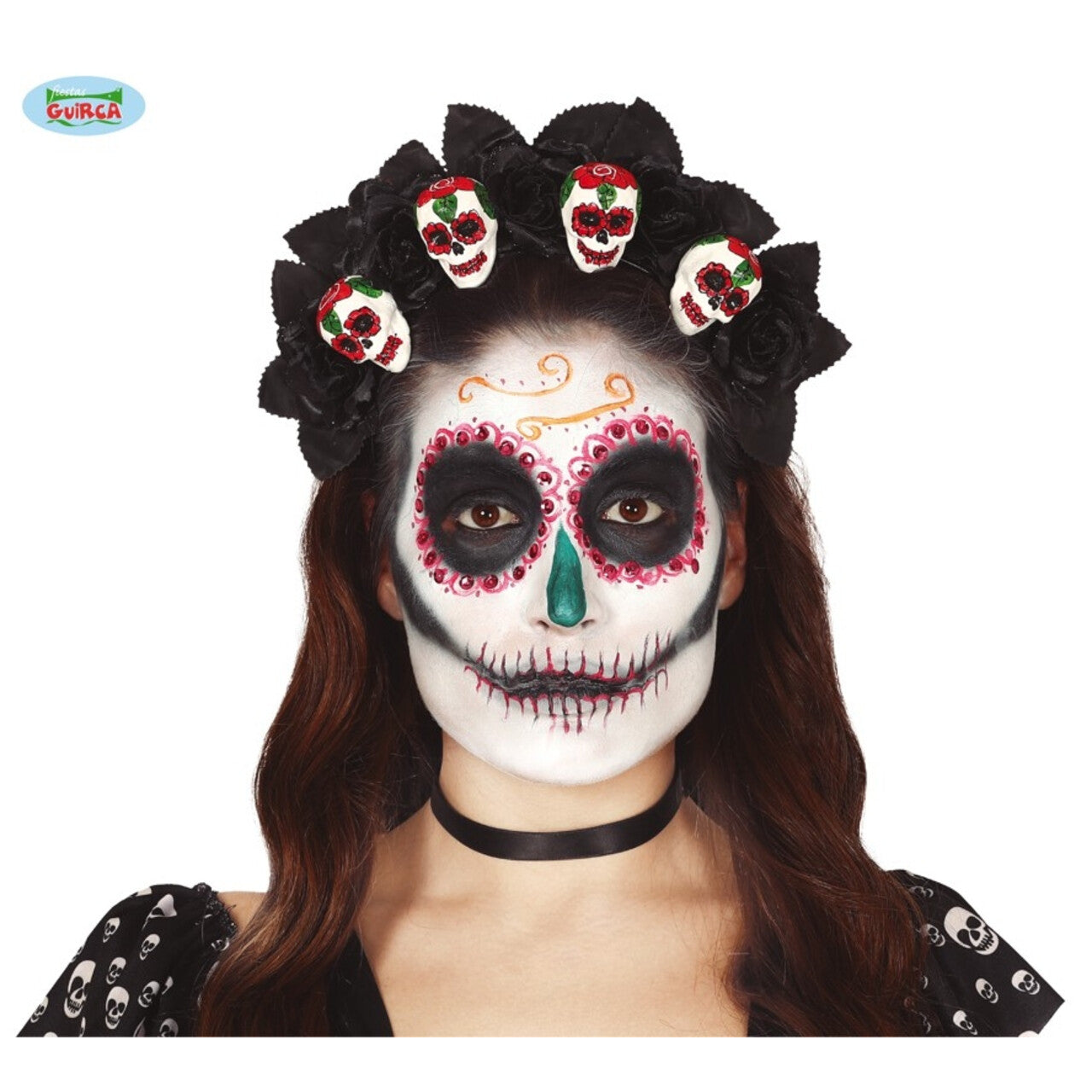 Op deze afbeelding zie je een Accessoires, van het merk Guirca. Hoofdband Met 4 Schedels En Zwarte Rozen