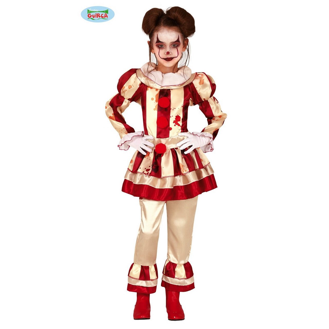 Op deze afbeelding zie je een Kostuums, van het merk Guirca. Gestreepte Horror Clown Met Bloedspetters Meisje Kostuum