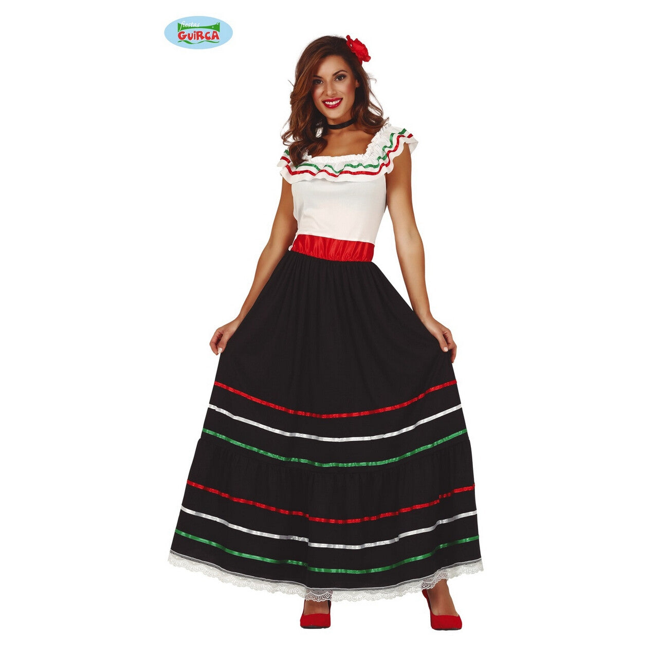 Op deze afbeelding zie je een Kostuums, van het merk Guirca. Mexicaanse Senorita Dona Maribella In Zwart Wit Vrouw Kostuum