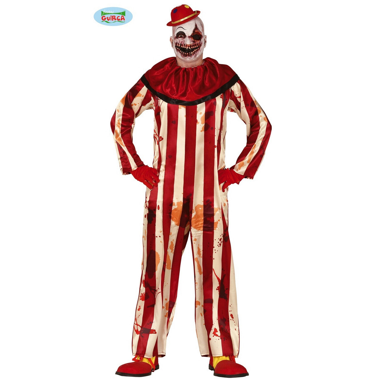 Op deze afbeelding zie je een Kostuums, van het merk Guirca. Gestreept Wreed Gewelddadige Horror Clown Man Kostuum