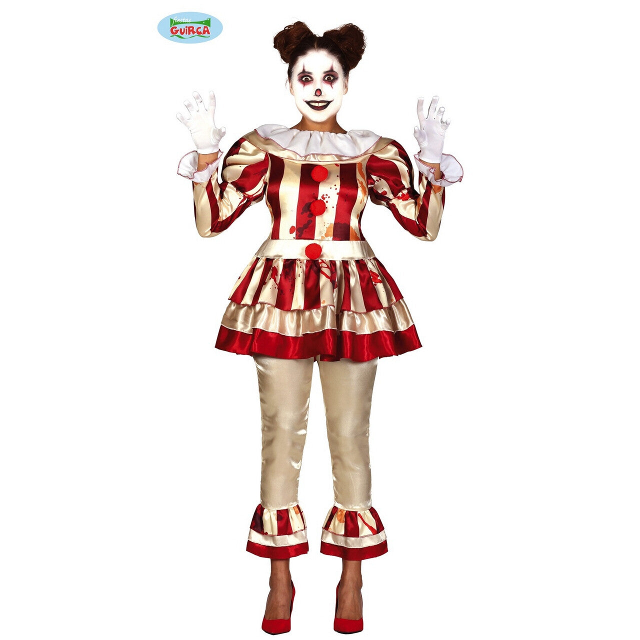 Op deze afbeelding zie je een Kostuums, van het merk Guirca. Killer Clown Horror Circus Slash Vrouw Kostuum