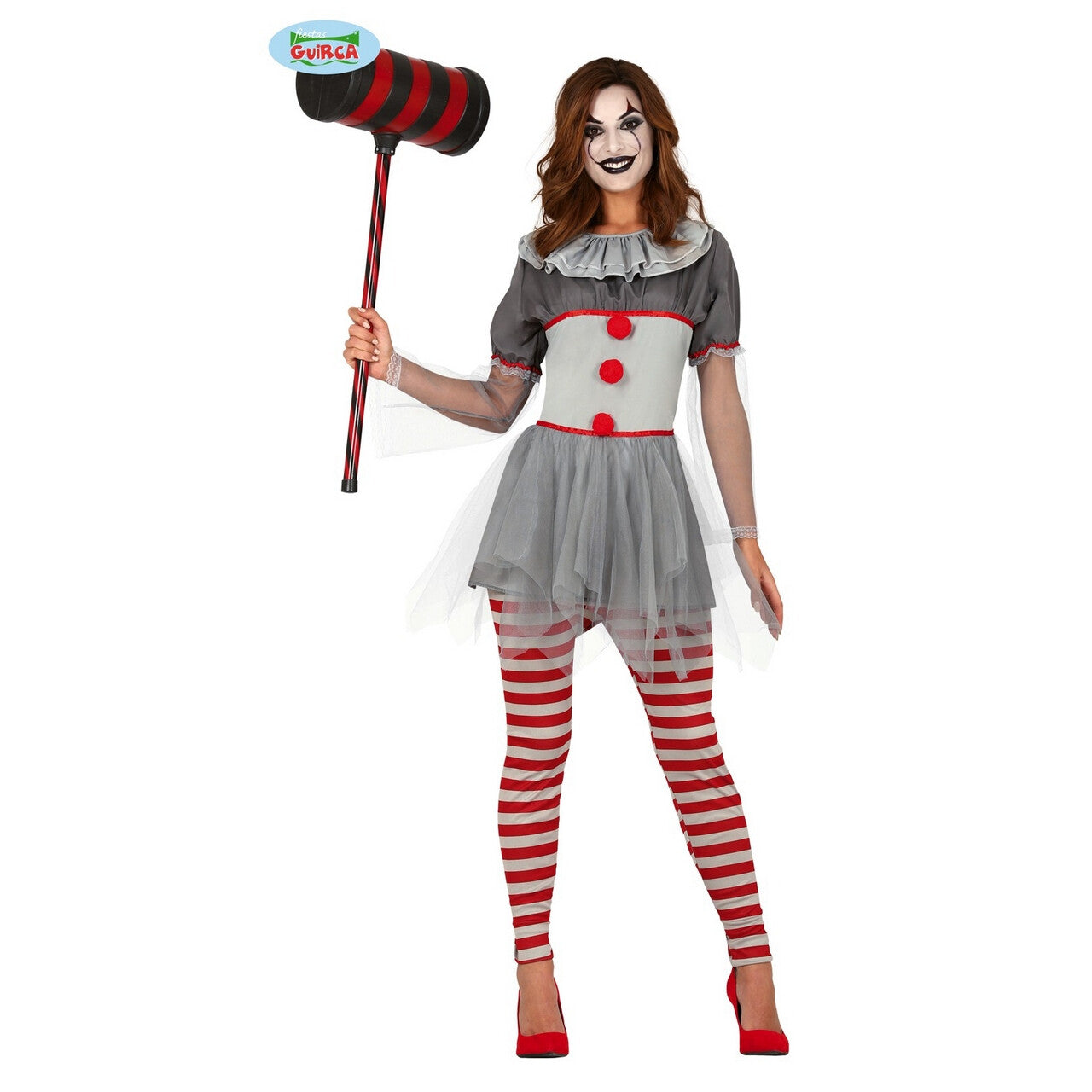 Op deze afbeelding zie je een Kostuums, van het merk Guirca. Kort Grijs Killer Clown Vrouw Kostuum