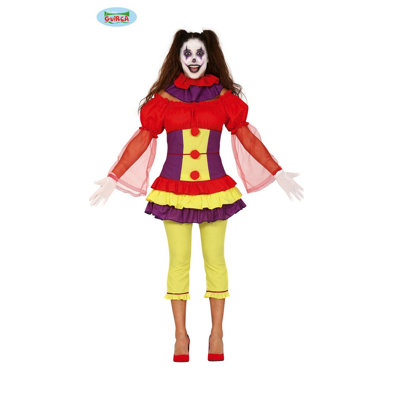 Op deze afbeelding zie je een Kostuums, van het merk Guirca. Bonte Grappige Clown Circus Krone Vrouw Kostuum