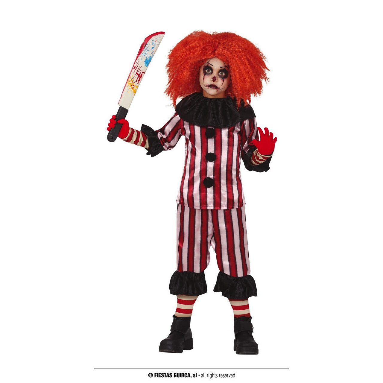 Op deze afbeelding zie je een Kostuums, van het merk Guirca. Rood Wit Gestreepte Horror Clown Kind Kostuum
