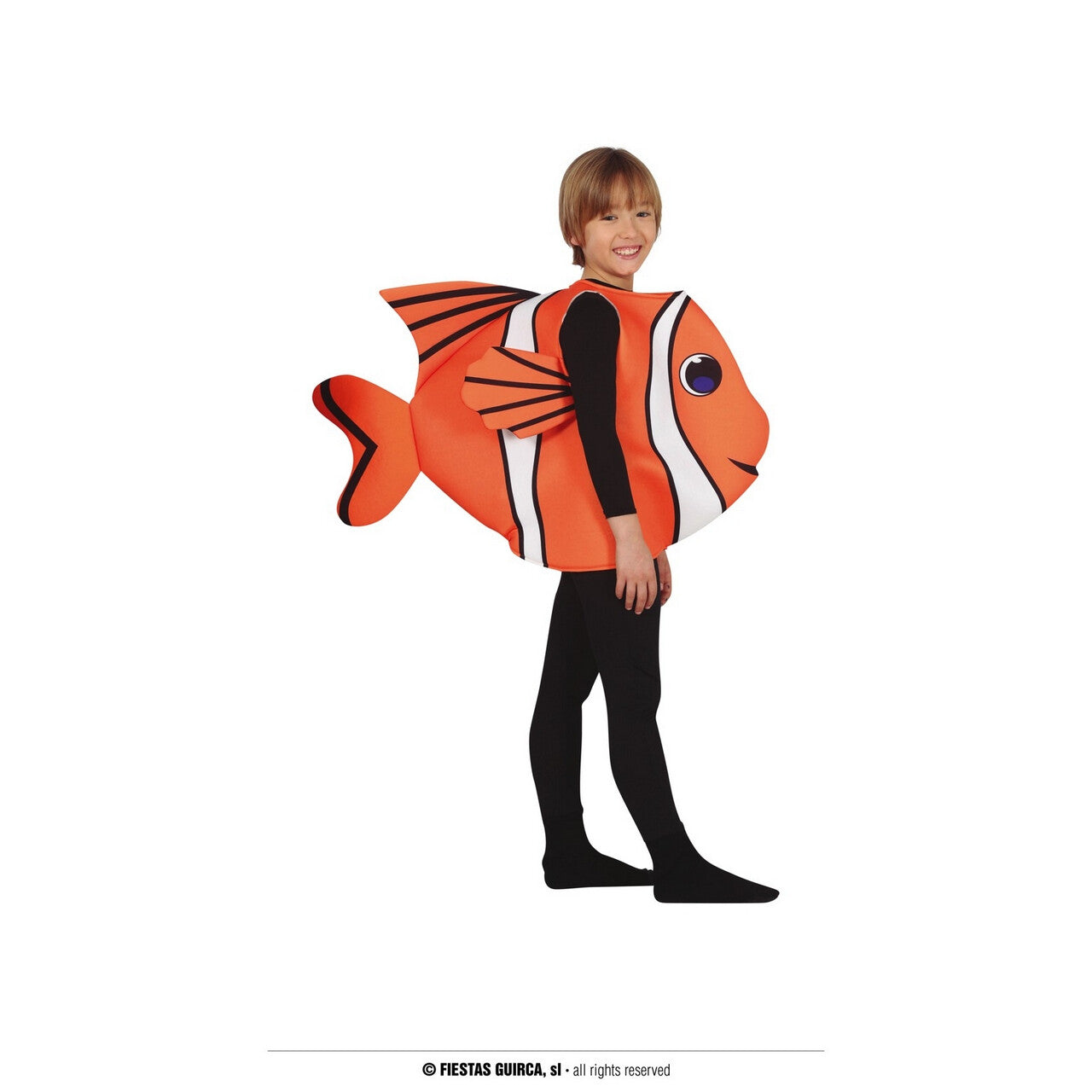 Op deze afbeelding zie je een Kostuums, van het merk Guirca. Grappige Oranje Clown Vis Kind Kostuum