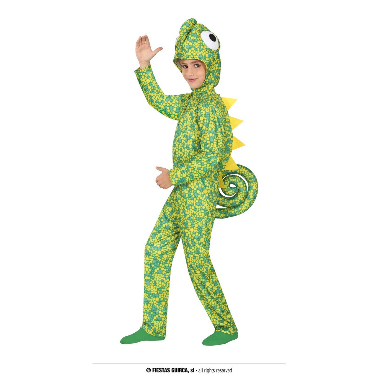 Op deze afbeelding zie je een Kostuums, van het merk Guirca. Gecamoufleerde Groene Kameleon Kind Kostuum