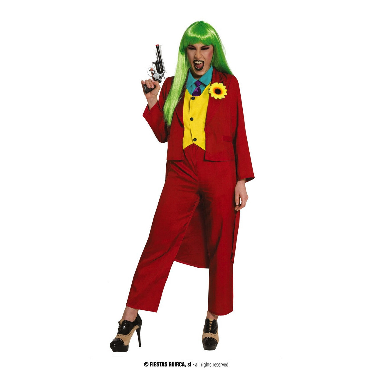Op deze afbeelding zie je een Kostuums, van het merk Guirca. Gangster Joker Rood Vrouw Kostuum