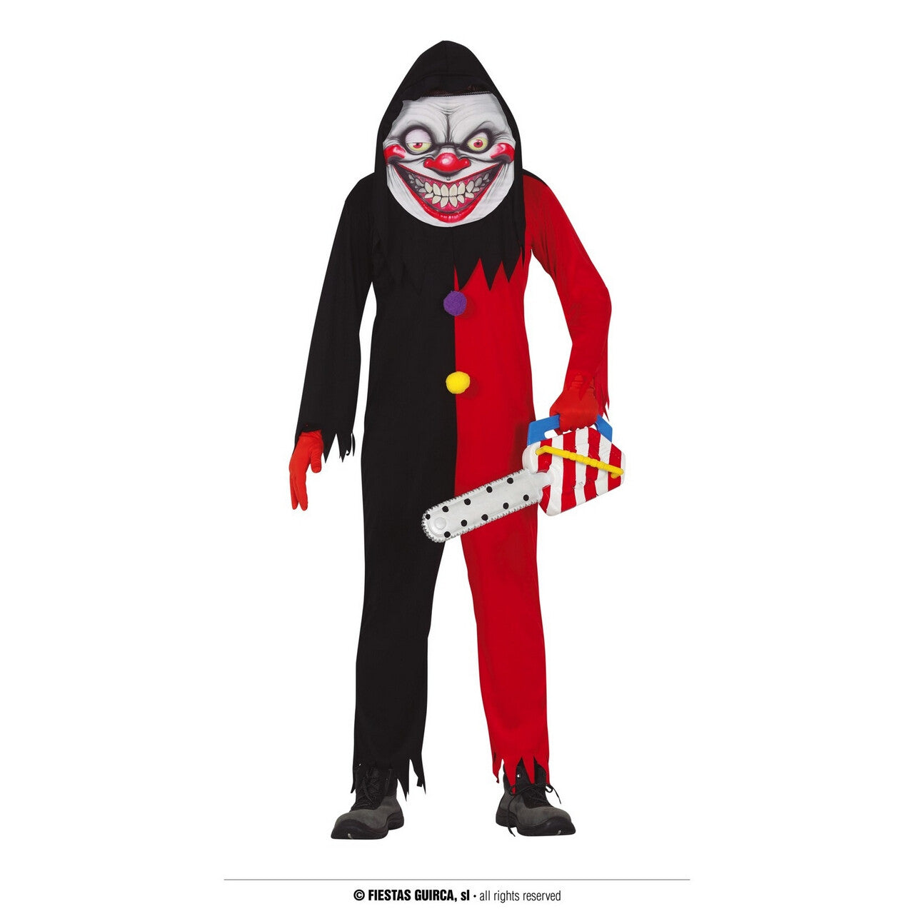 Op deze afbeelding zie je een Kostuums, van het merk Guirca. Enge Lachende Rood Zwarte Clown Man Kostuum