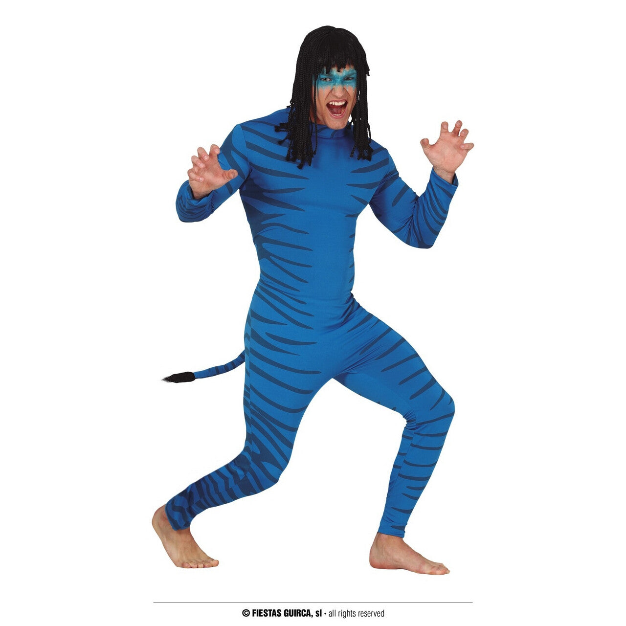 Op deze afbeelding zie je een Kostuums, van het merk Guirca. Blauwe Avatar Norm Navi Man Kostuum