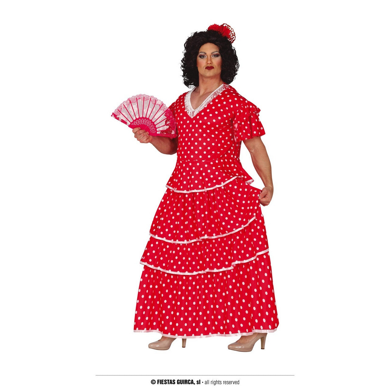 Op deze afbeelding zie je een Kostuums, van het merk Guirca. Rode Flamenco Danseres Travestiet Man Kostuum