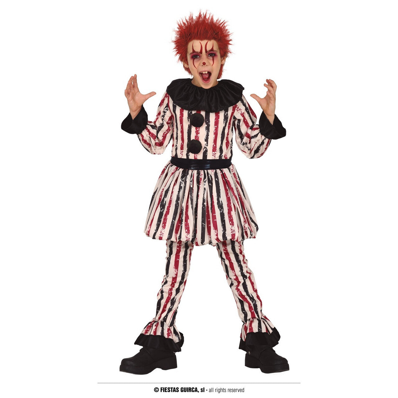 Op deze afbeelding zie je een Kostuums, van het merk Guirca. Gestreepte Niet Zo Grappige Scary Clown Kind Kostuum