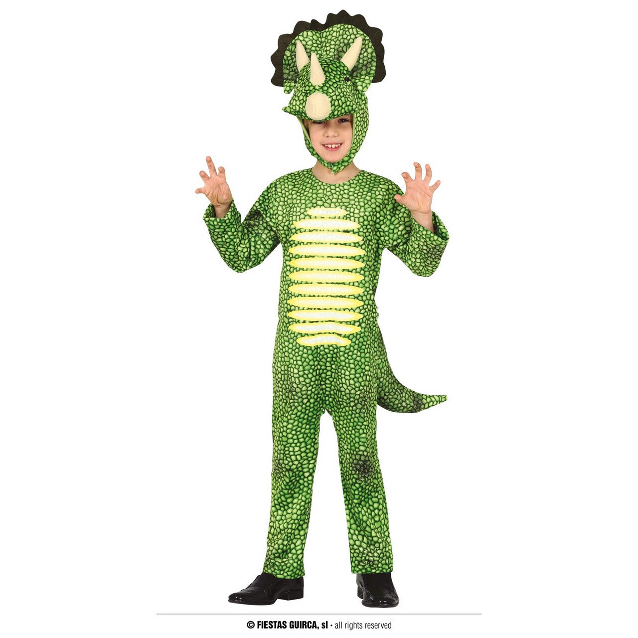 Op deze afbeelding zie je een Kostuums, van het merk Guirca. Triceratops De Vriendelijke Driehoorn Kind Kostuum