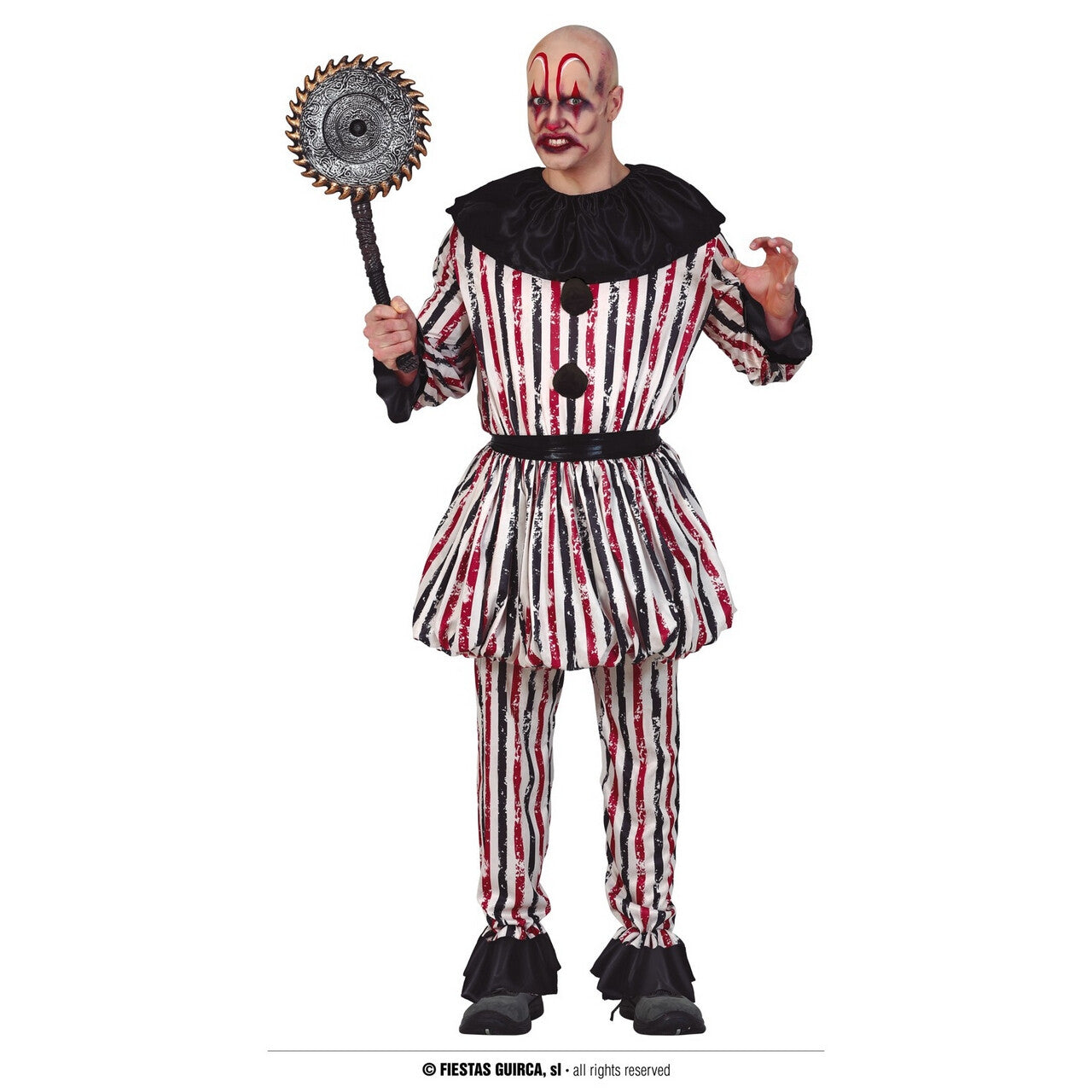 Op deze afbeelding zie je een Kostuums, van het merk Guirca. Moordlustige Gestreepte Scary Clown Man Kostuum