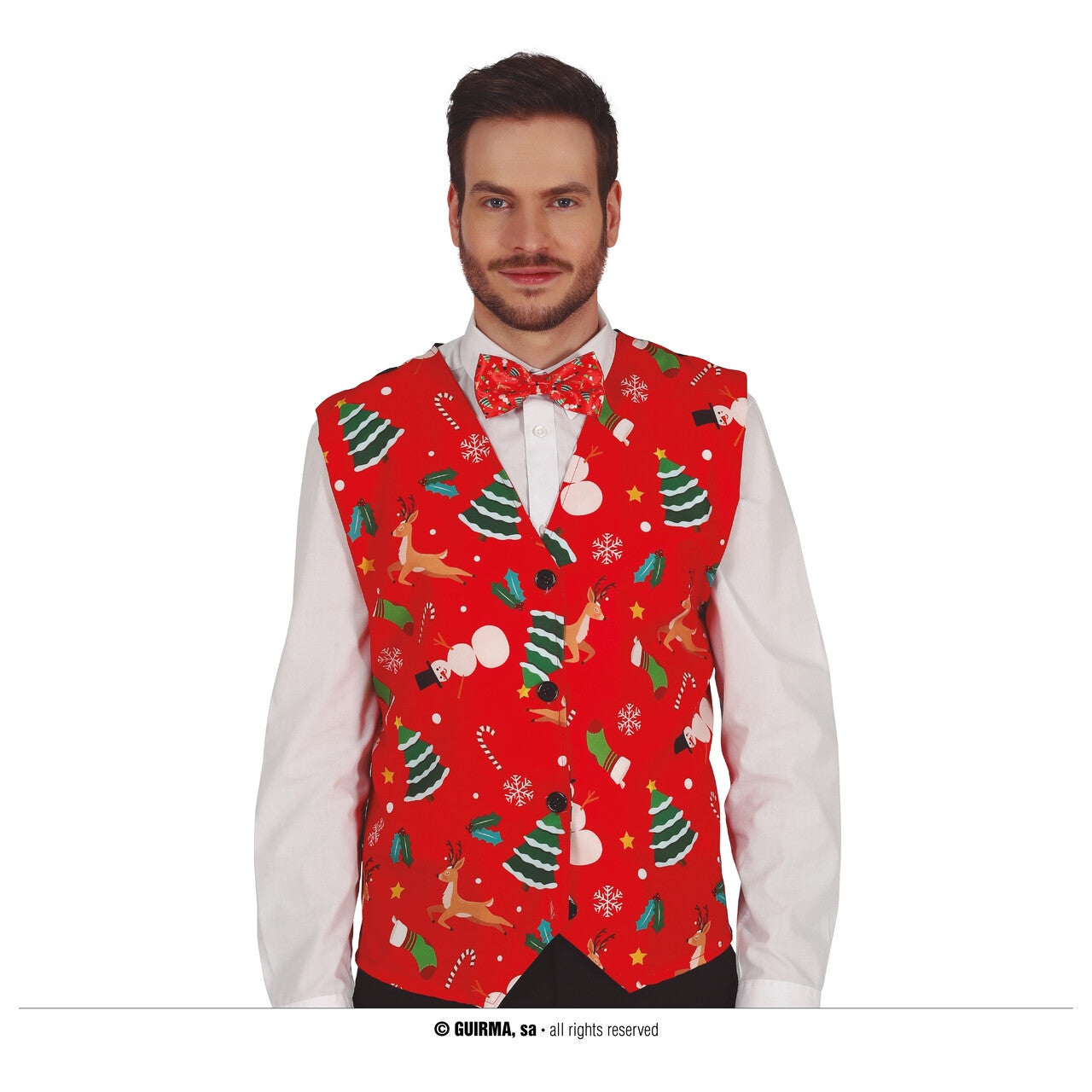 Op deze afbeelding zie je een Kostuums, van het merk Guirma. Vrolijk Kerst Feest Gilet Rood Man