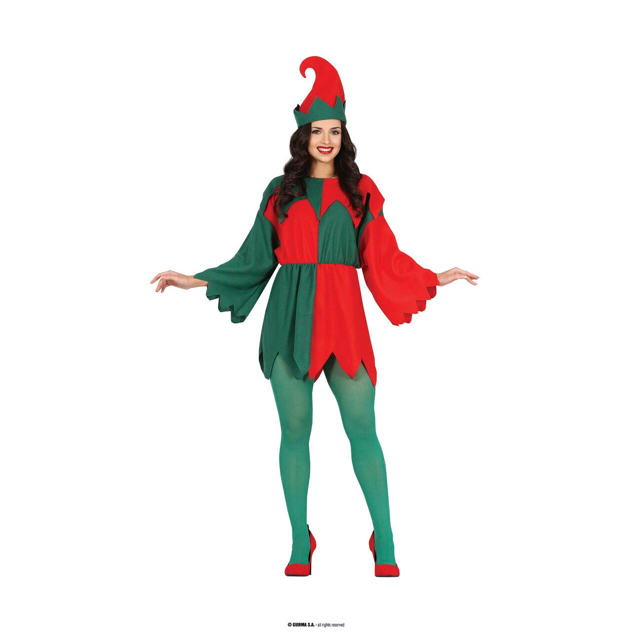 Op deze afbeelding zie je een Kostuums, van het merk Guirma. Schattig Rood Groen Elf Jurkje Met Hoed Vrouw