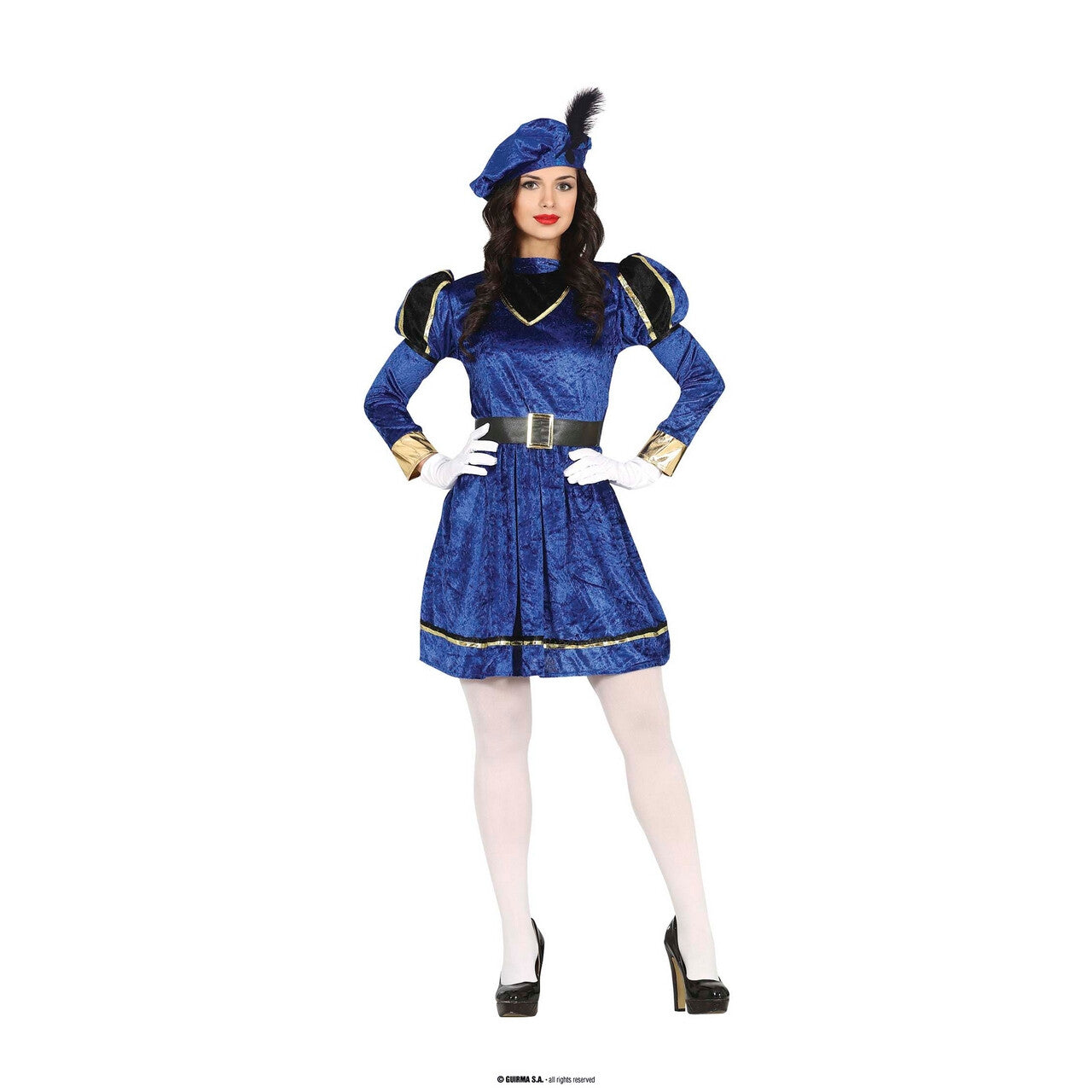 Op deze afbeelding zie je een Kostuums, van het merk Guirma. Blauwe Musketier Piet Vrouw Kostuum
