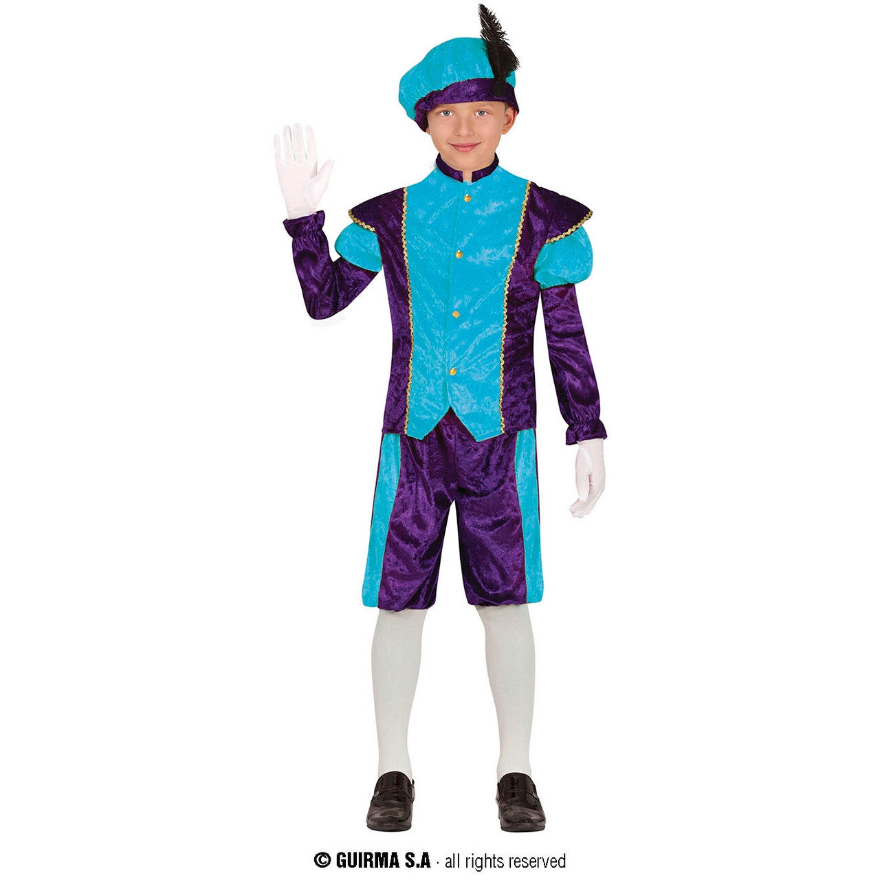 Op deze afbeelding zie je een Kostuums, van het merk Guirma. Vrolijke Piet Kind Blauw Paars Kind Kostuum