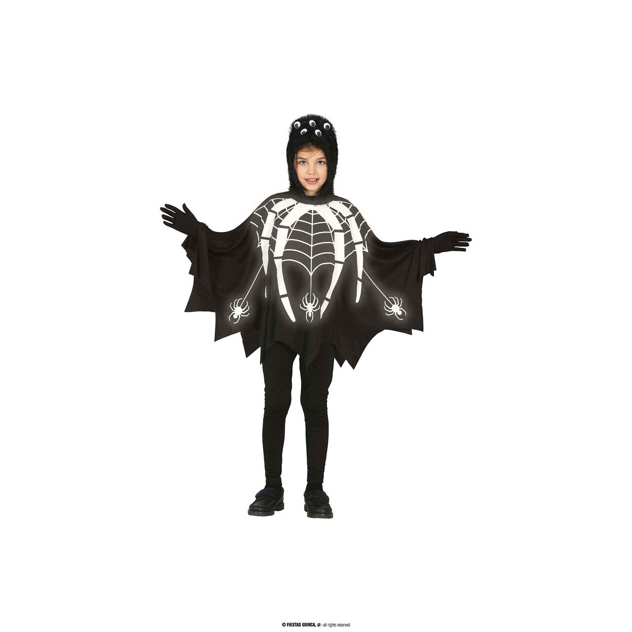 Op deze afbeelding zie je een Kostuums, van het merk Guirca. Spider Skelet Glow In The Dark Kind Kostuum