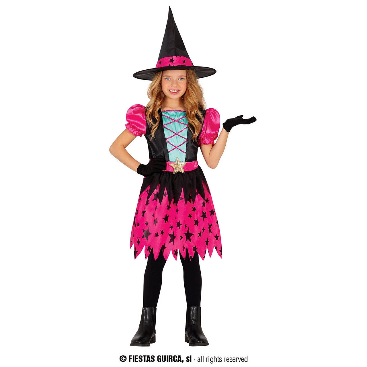 Op deze afbeelding zie je een Kostuums, van het merk Guirca. Roze Star Witch Rockadelia Meisje Kostuum