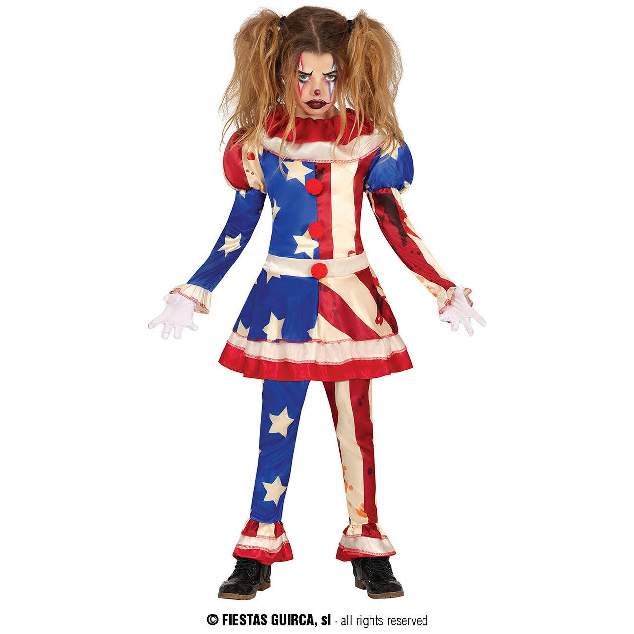 Op deze afbeelding zie je een Kostuums, van het merk Guirca. Gemene USA Horror Clown Meisje Kostuum