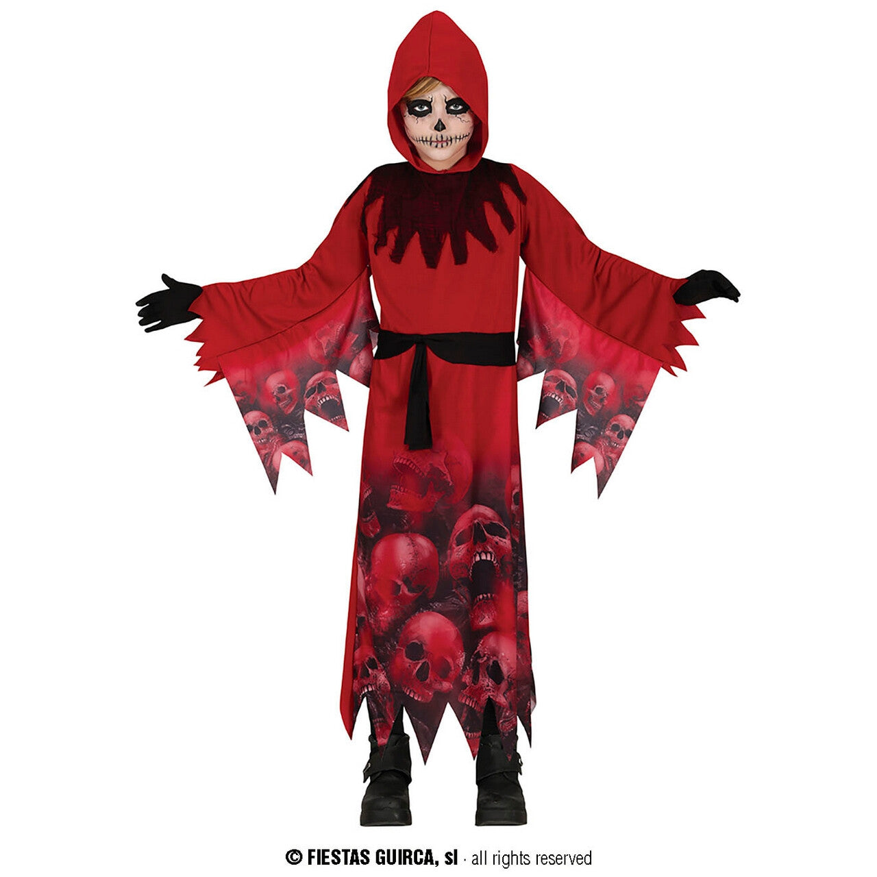 Op deze afbeelding zie je een Kostuums, van het merk Guirca. Huilende Schedels Grim Reaper Rood Kind Kostuum