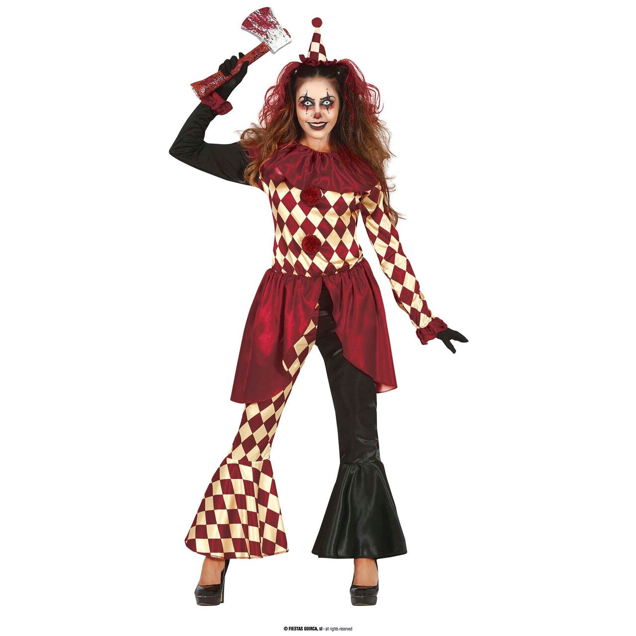 Op deze afbeelding zie je een Kostuums, van het merk Guirca. Checkered Horror Clown Vrouw Kostuum