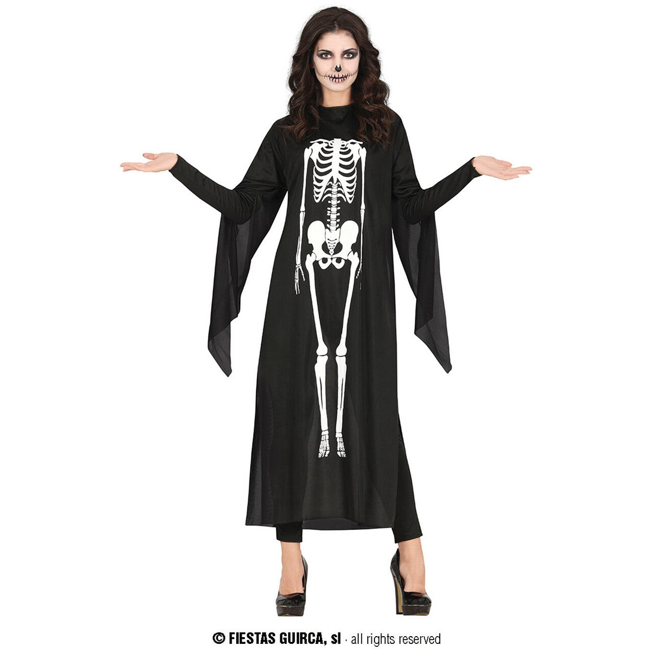 Op deze afbeelding zie je een Kostuums, van het merk Guirca. Hanging Skeleton Vrouw Kostuum
