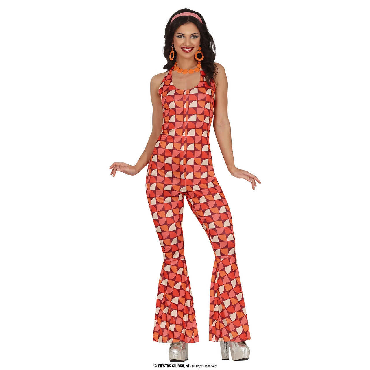 Op deze afbeelding zie je een Kostuums, van het merk Guirca. Jaren 60 Oranje Disco Flava Vrouw Kostuum