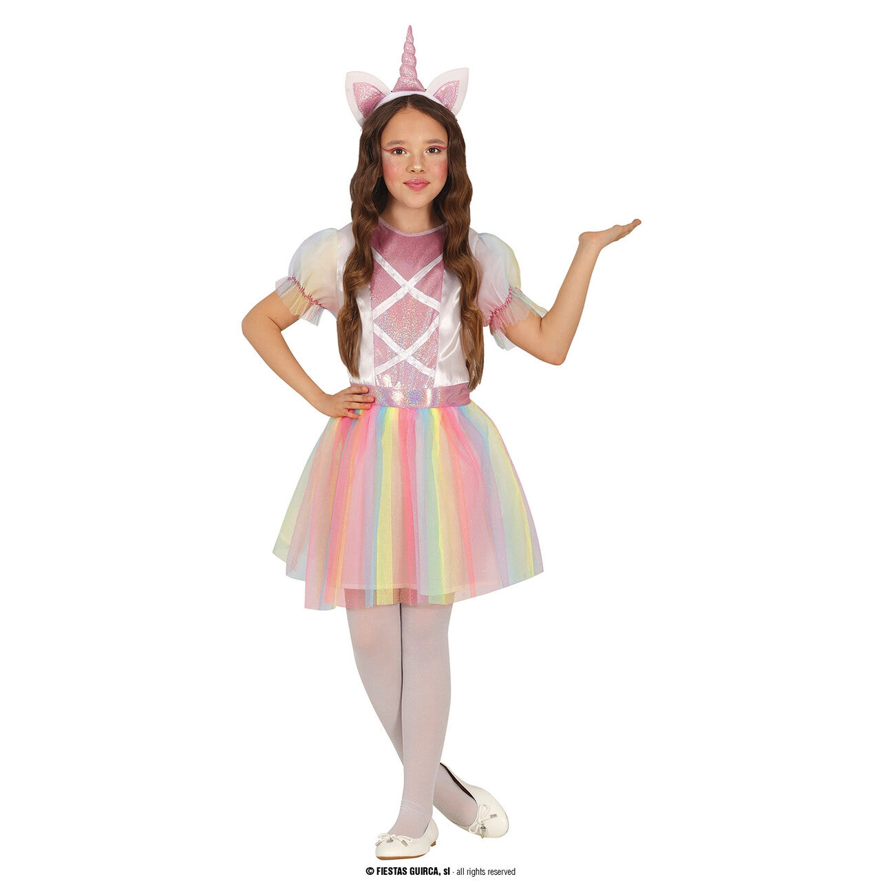 Op deze afbeelding zie je een Kostuums, van het merk Guirca. Dansen Op De Regenboog Unicorn Meisje Kostuum