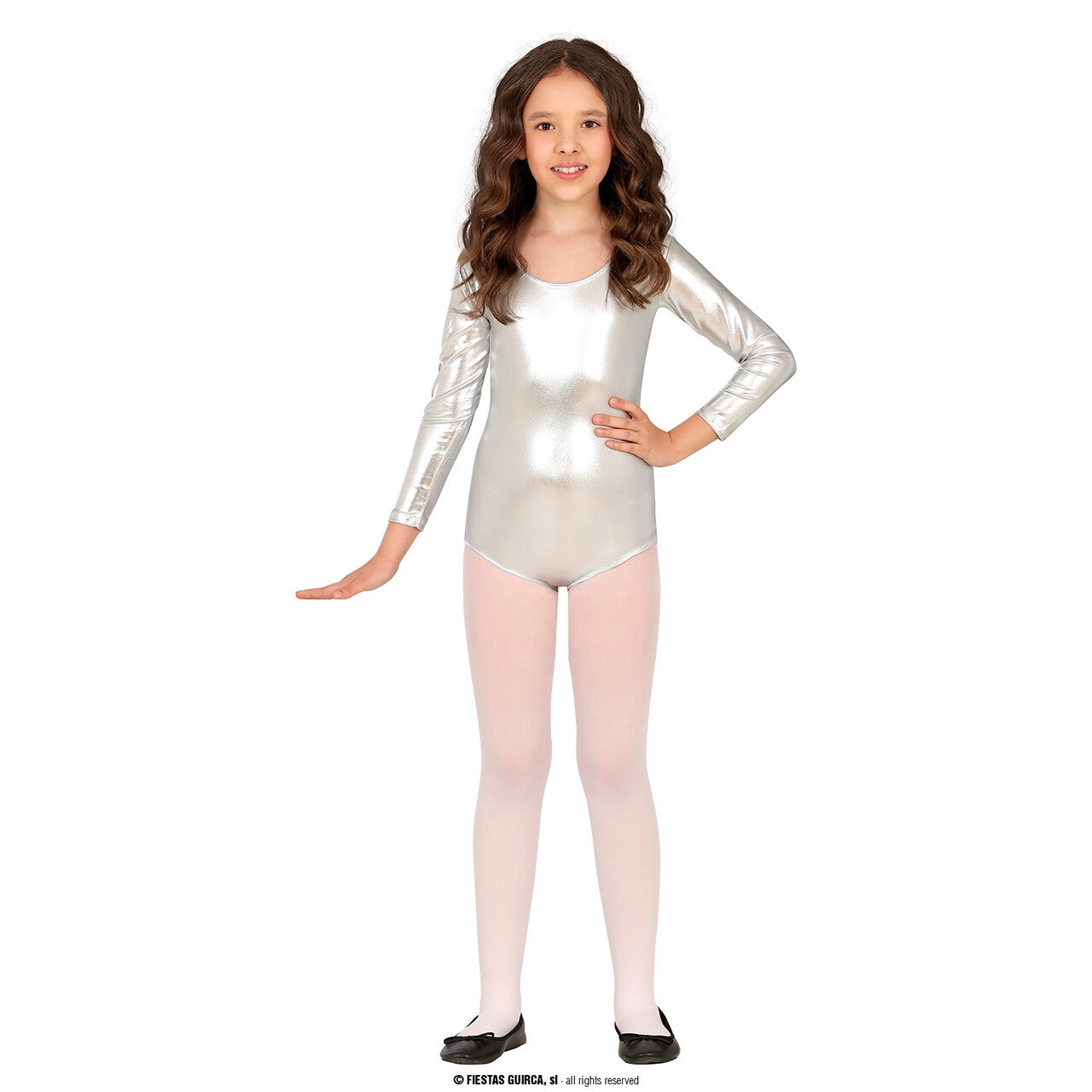 Op deze afbeelding zie je een Kostuums, van het merk Guirca. Gymnastiek Metallic Bodysuit Kind Zilver Meisje Kostuum